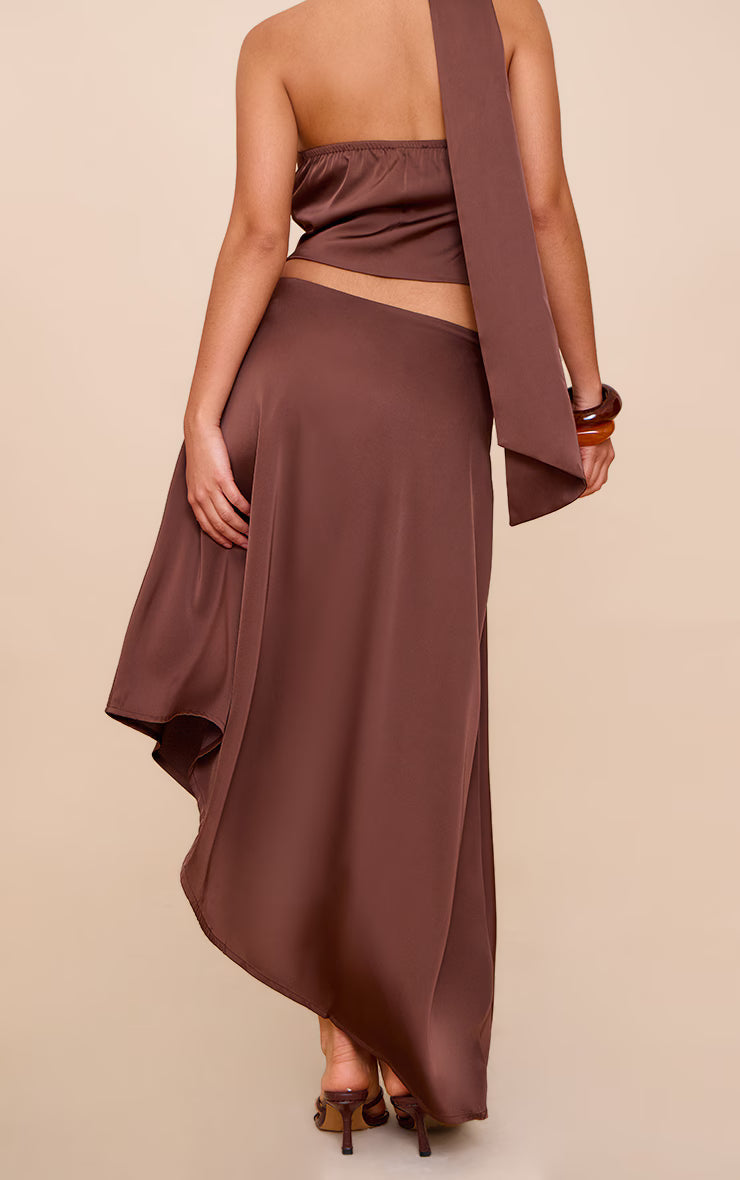 Dark Brown Satin Asymmetric Midi Skirt