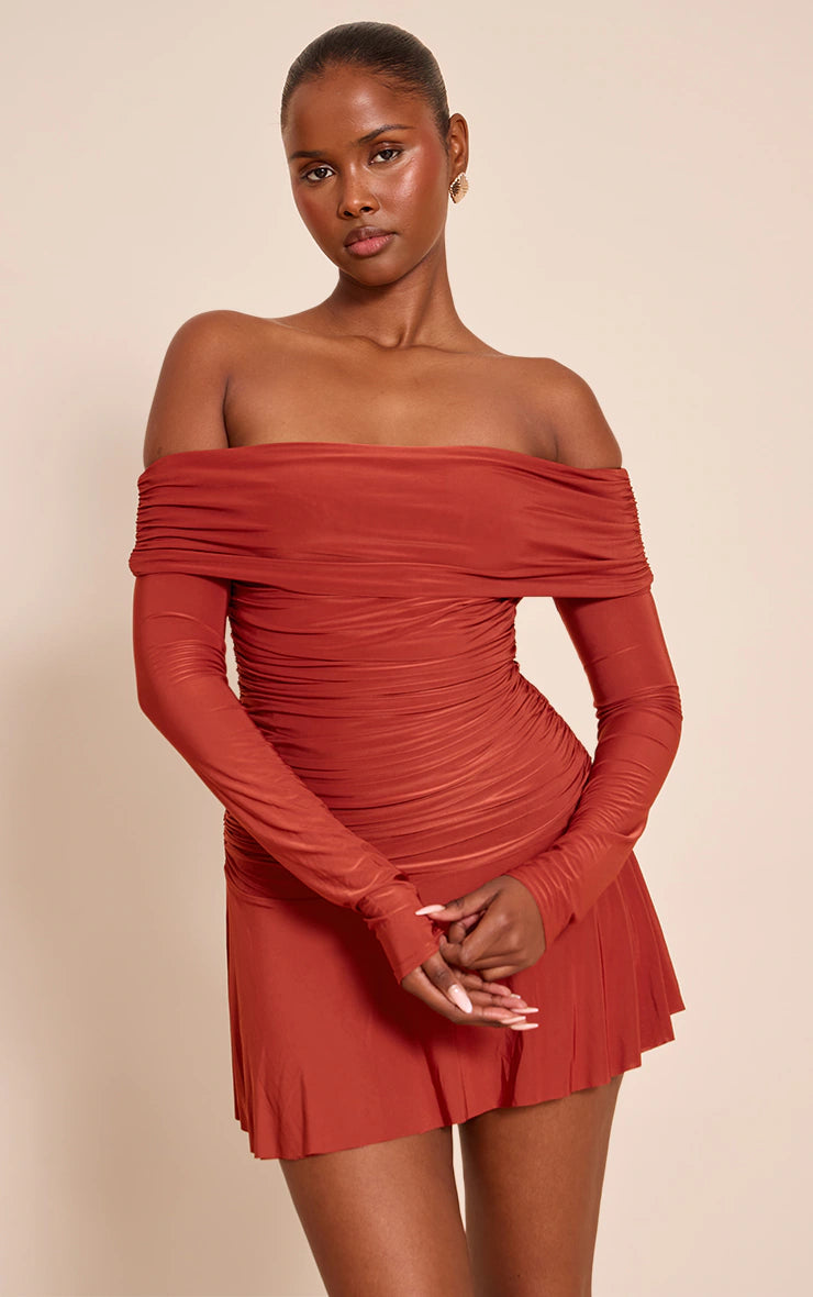 Rust Double Layer Slinky Long Sleeve Bardot Mini Dress