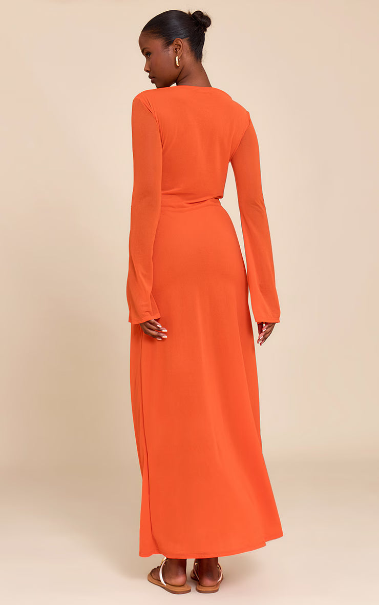 Red Chiffon Boat Neck Long Sleeve Maxi Dress