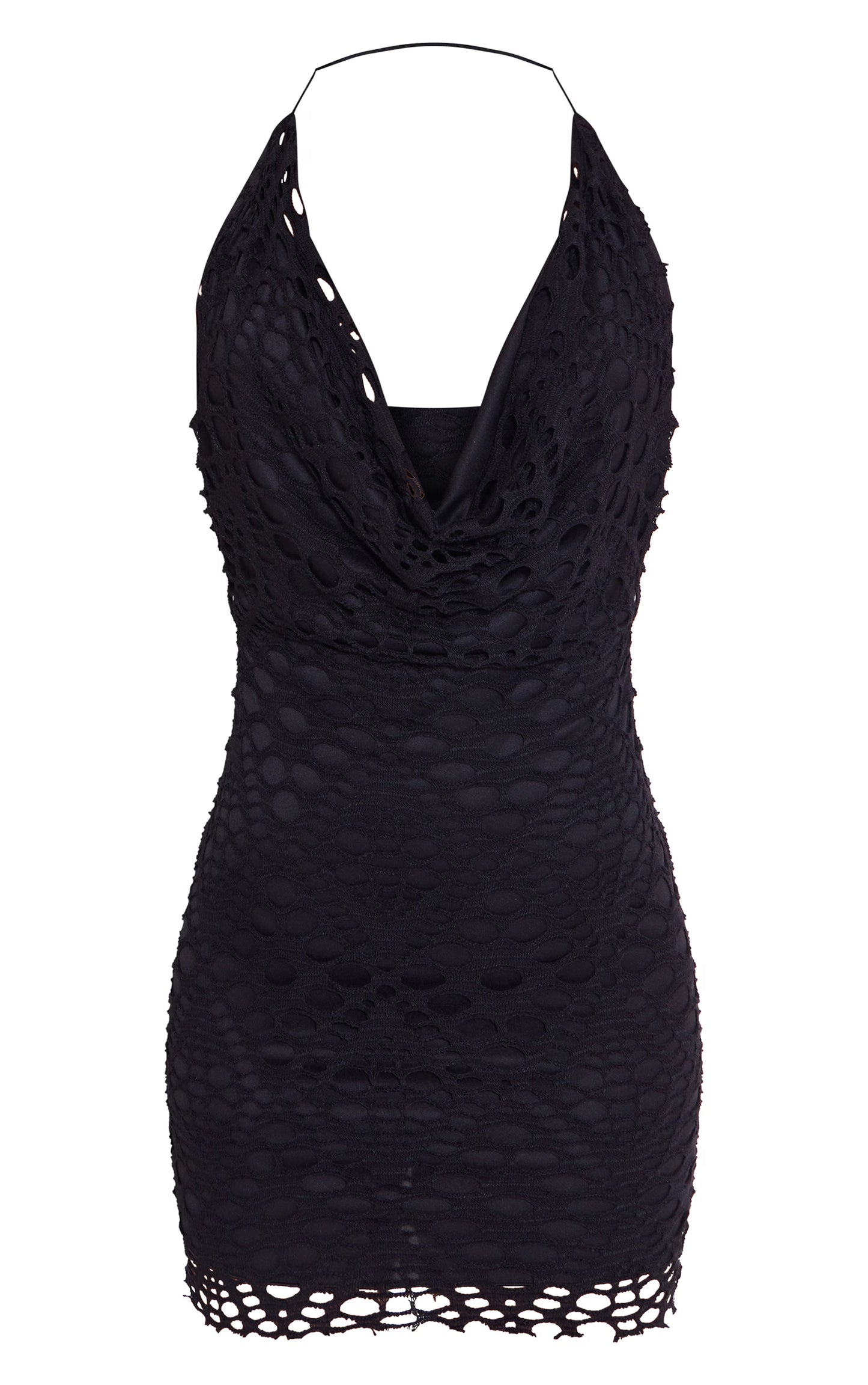 Black Distressed Cowl Halterneck Mini Dress