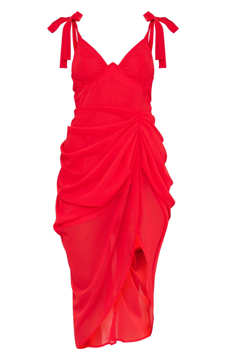 Red Underwire Detail Draped Midi Dress