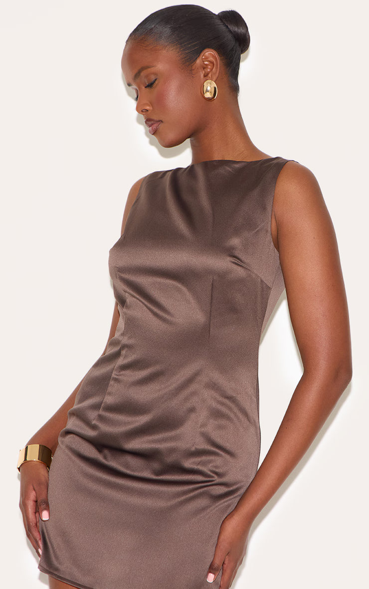Taupe Satin Boat Mini Dress