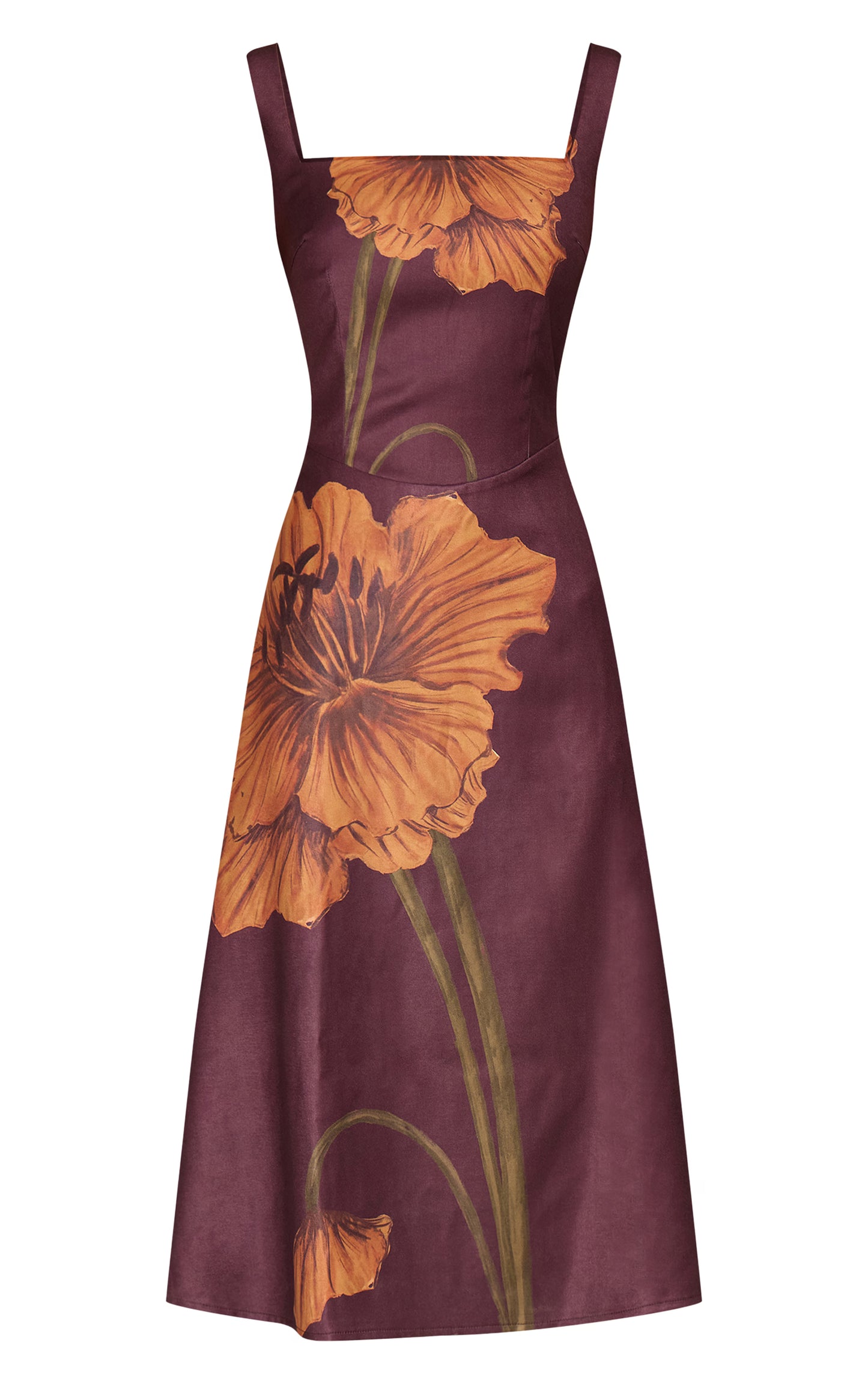 Dark Chocolate Floral Printed Square Neck Midaxi Dress