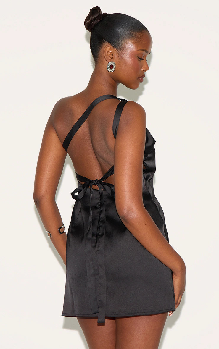 Black Satin One Shoulder Tie Back Mini Dress