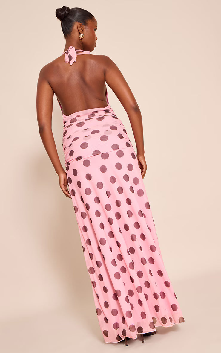 Pink Polka Dot Chiffon Halterneck Maxi Dress