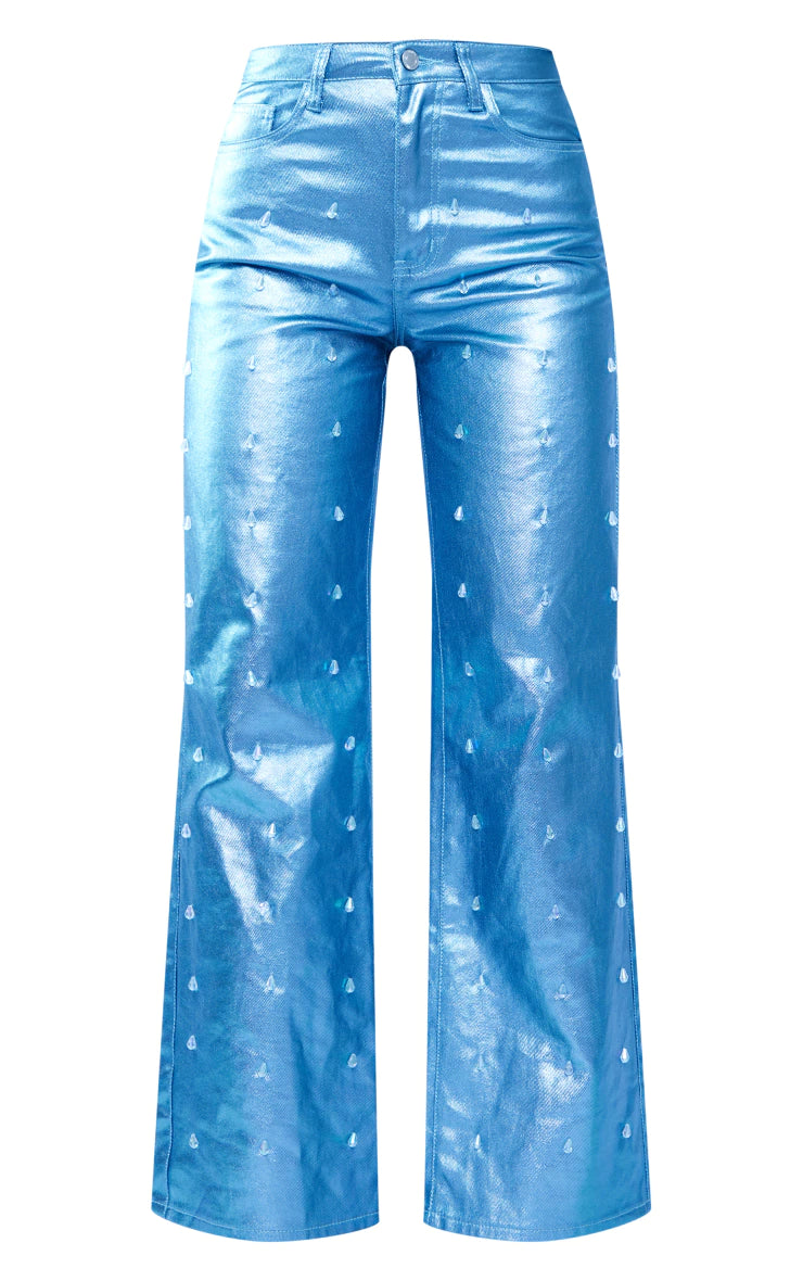 Blue Embellished Metallic Coated Denim Wide Leg Jeans