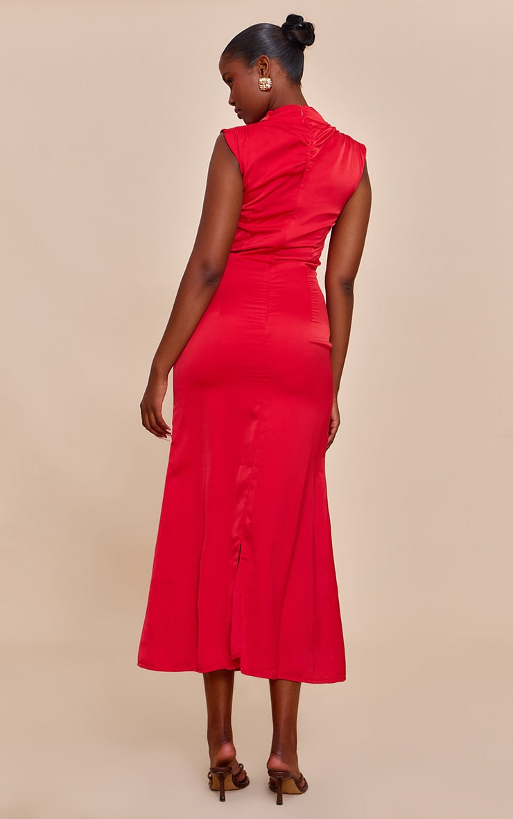 Red Satin Boat Neck Fishtail Midi Dress