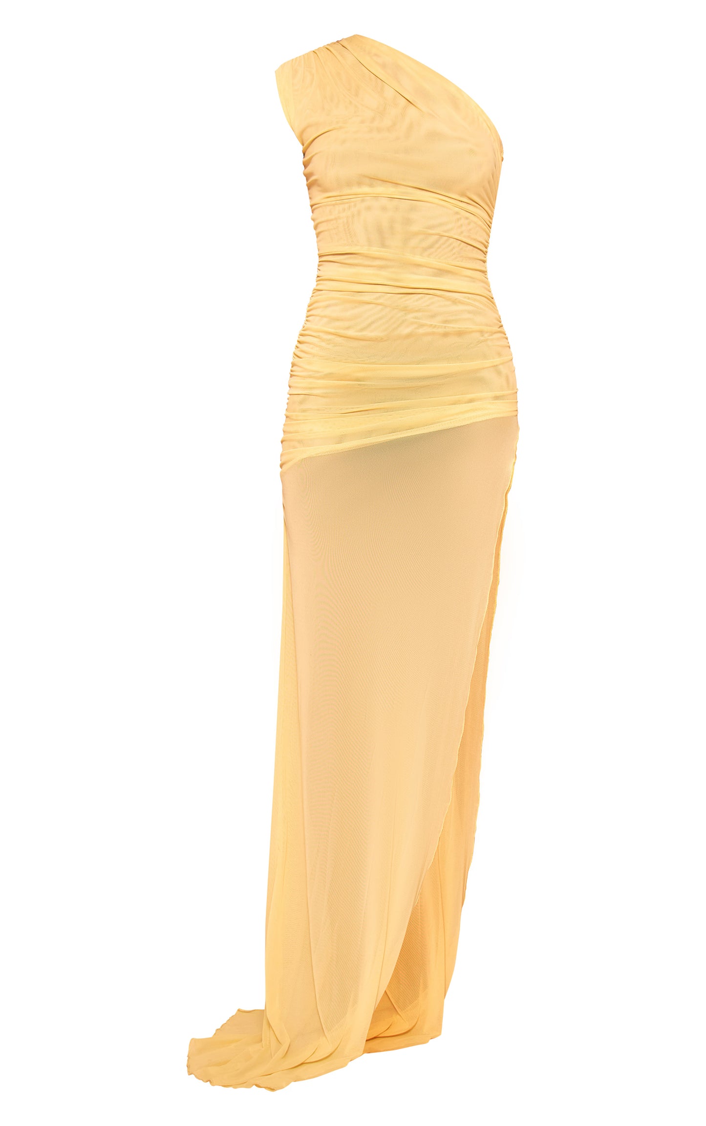 Yellow Mesh Ruched One Shoulder Thigh Split Maxi Dress