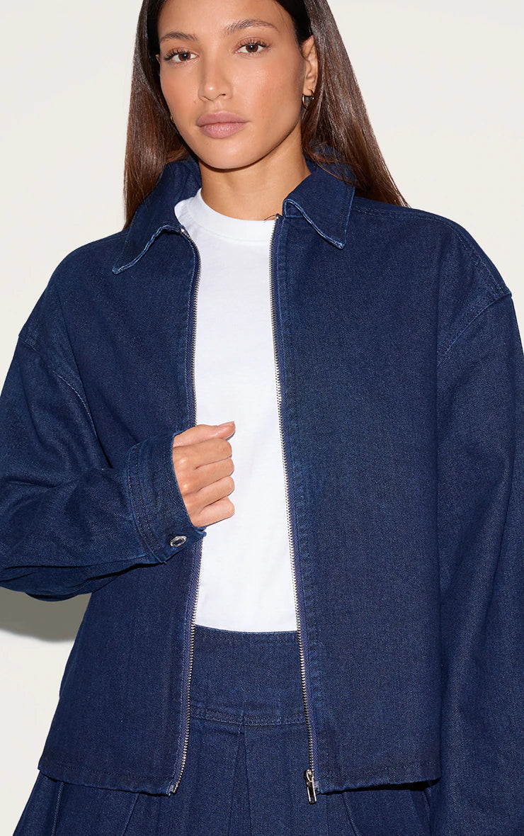 Tall Dark Indigo Zip Up Collared Oversized Denim Shirt