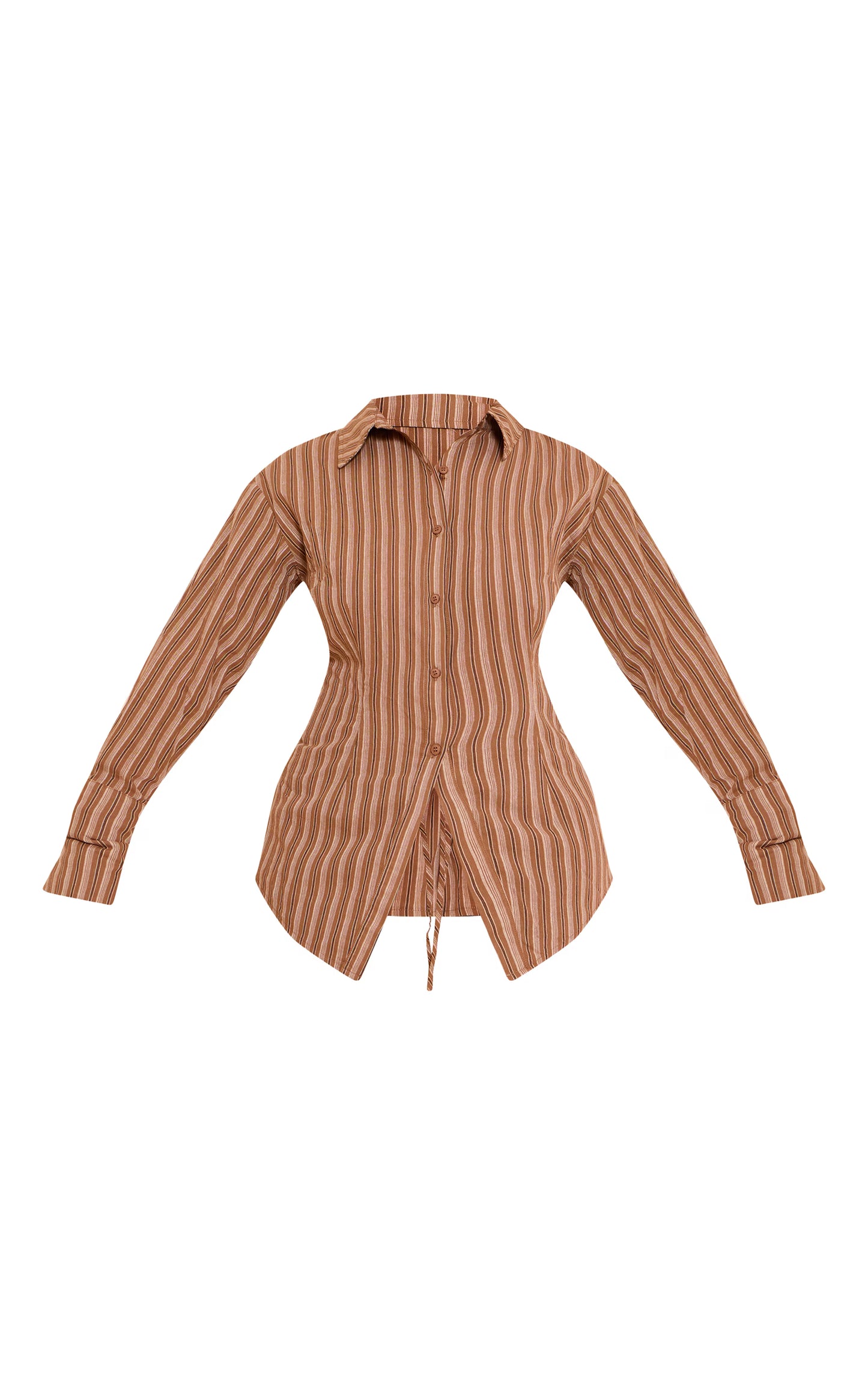 Shape BROWN Striped Lace Up Cinched Back Button Front Shirt