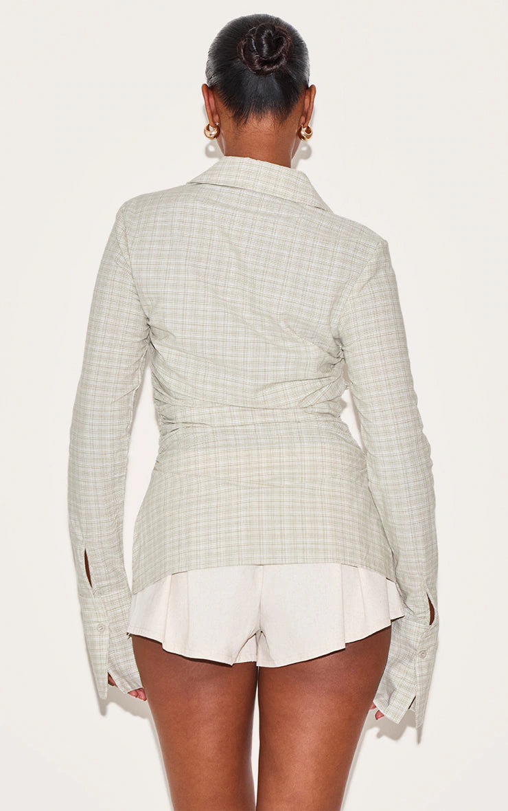 Green Check Fitted Ruched Side Shirt