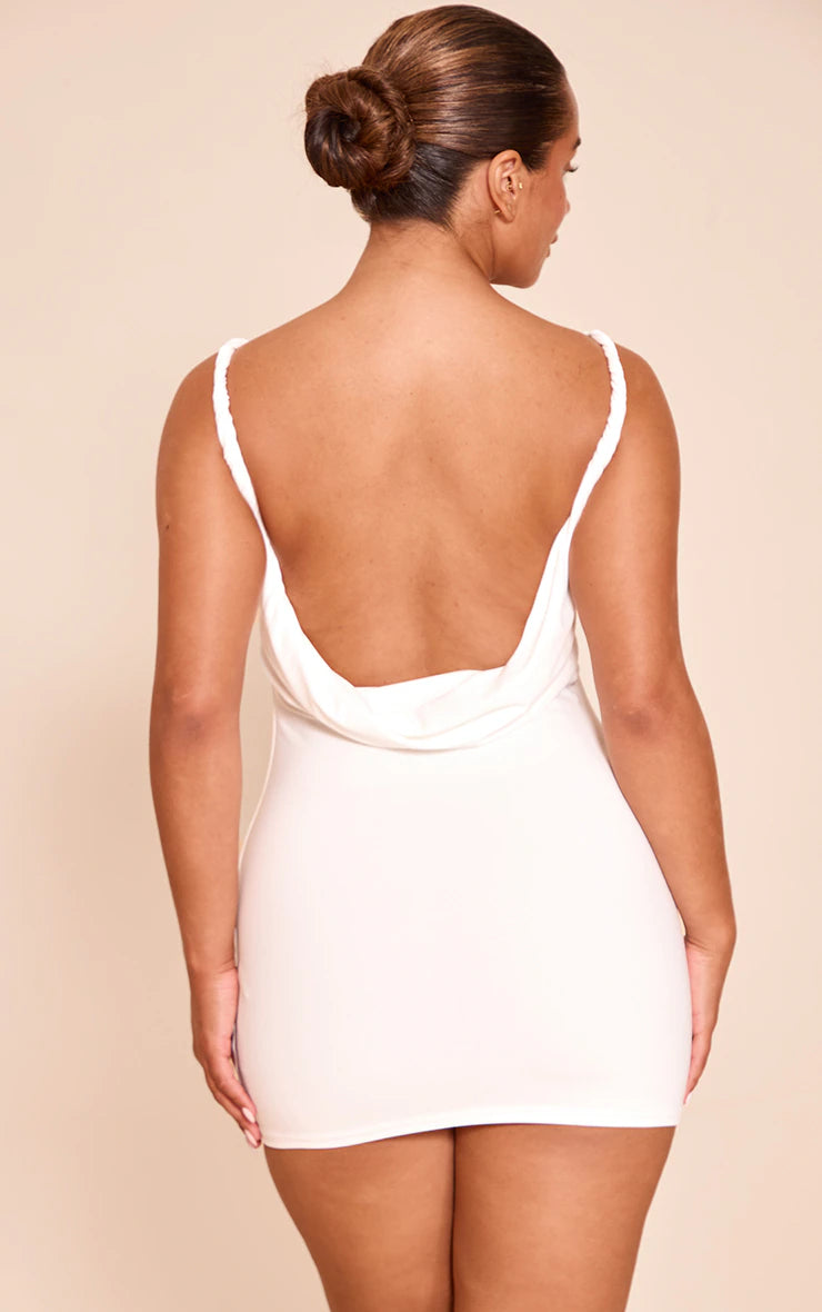 Shape white Boat Neck Twist Shoulder Cowl Back mini Dress