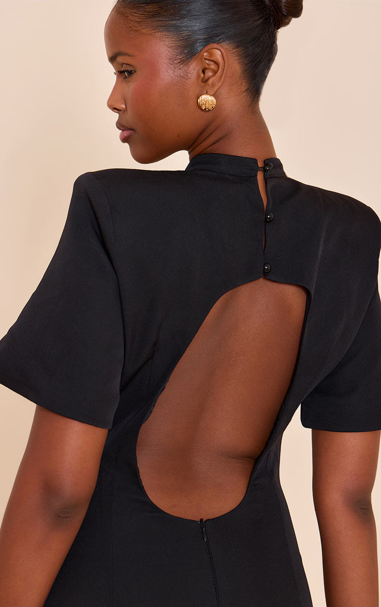 Black Woven Cinched Backless Mini Dress