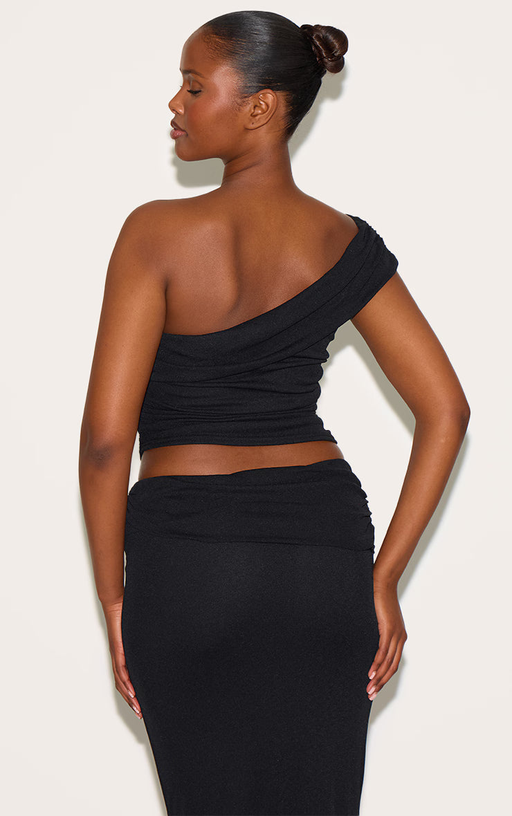 Black Onion Skin Ruched Side Asymmetric Top