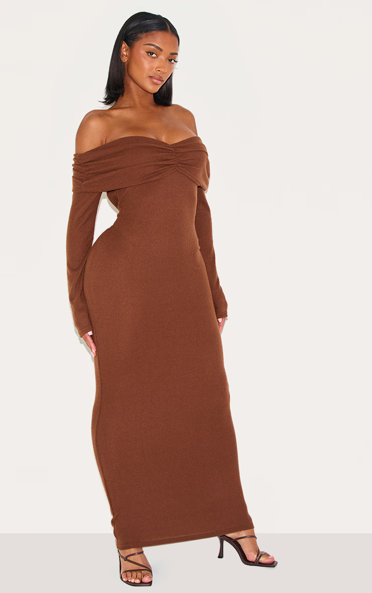 Shape Chocolate Brushed Rib Ruched Fold Over Bardot Maxi Dress