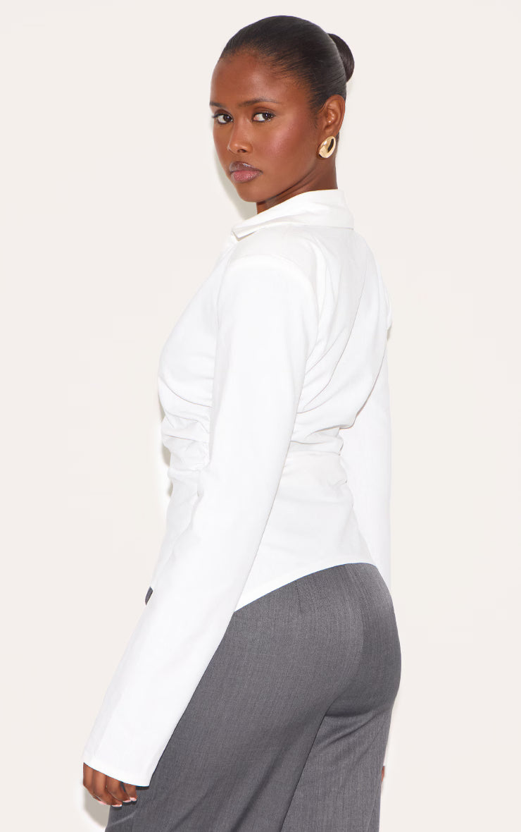 White Linen Blend Shoulder Padded Fitted Shirt