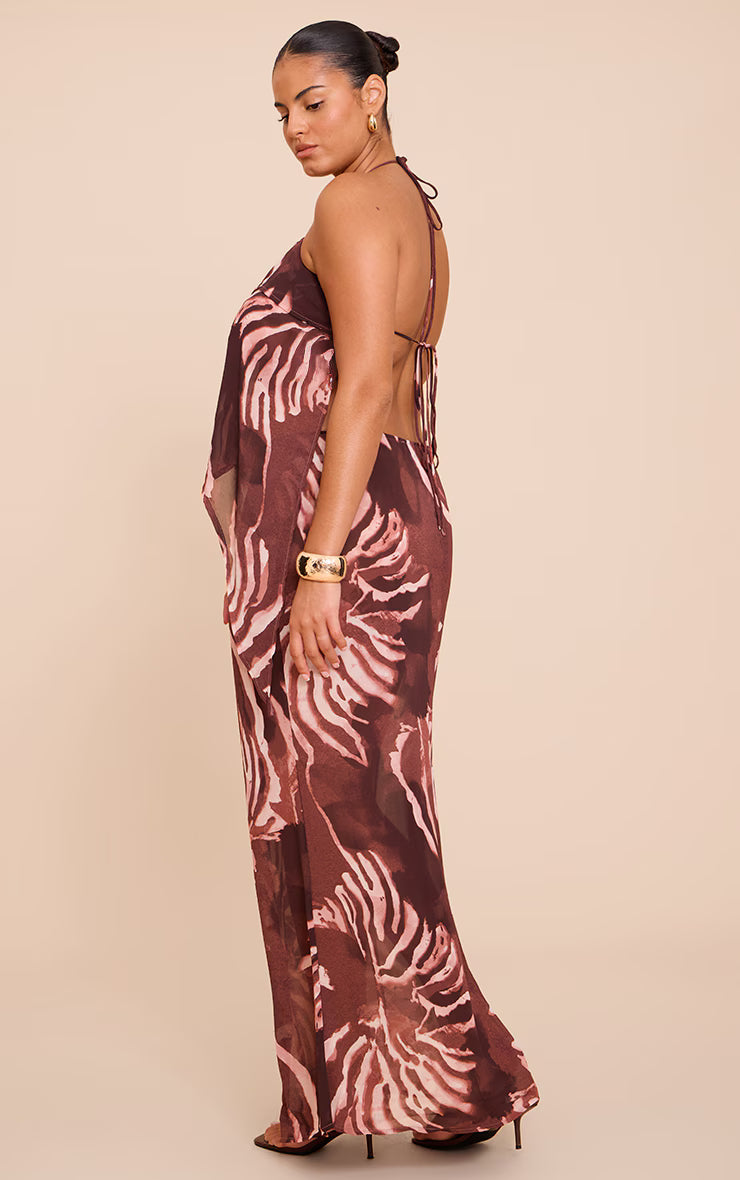 Plus Brown Chiffon Floral Mid Rise Tie Side Maxi Skirt