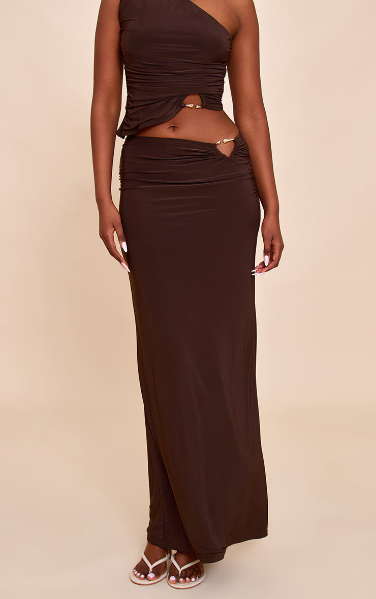 Chocolate Double Layer Slinky Trim Detail Maxi Skirt