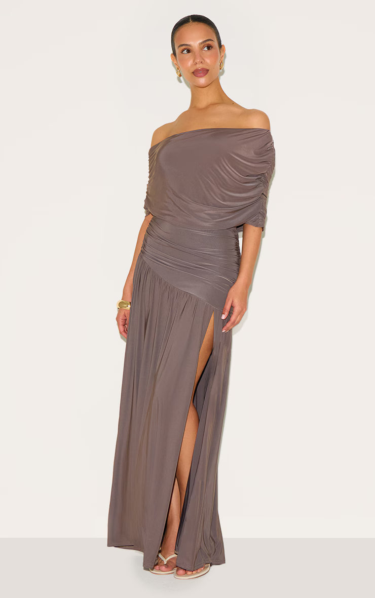 Petite Taupe Double Layer Slinky Bardot One Shoulder Ruched Maxi Dress