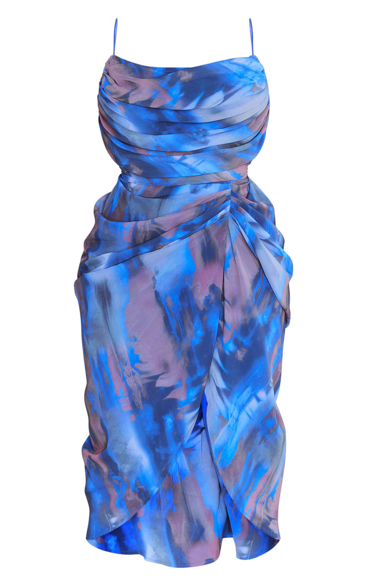 Plus Blue Abstract Print Chiffon Ruched Drape Midi Dress