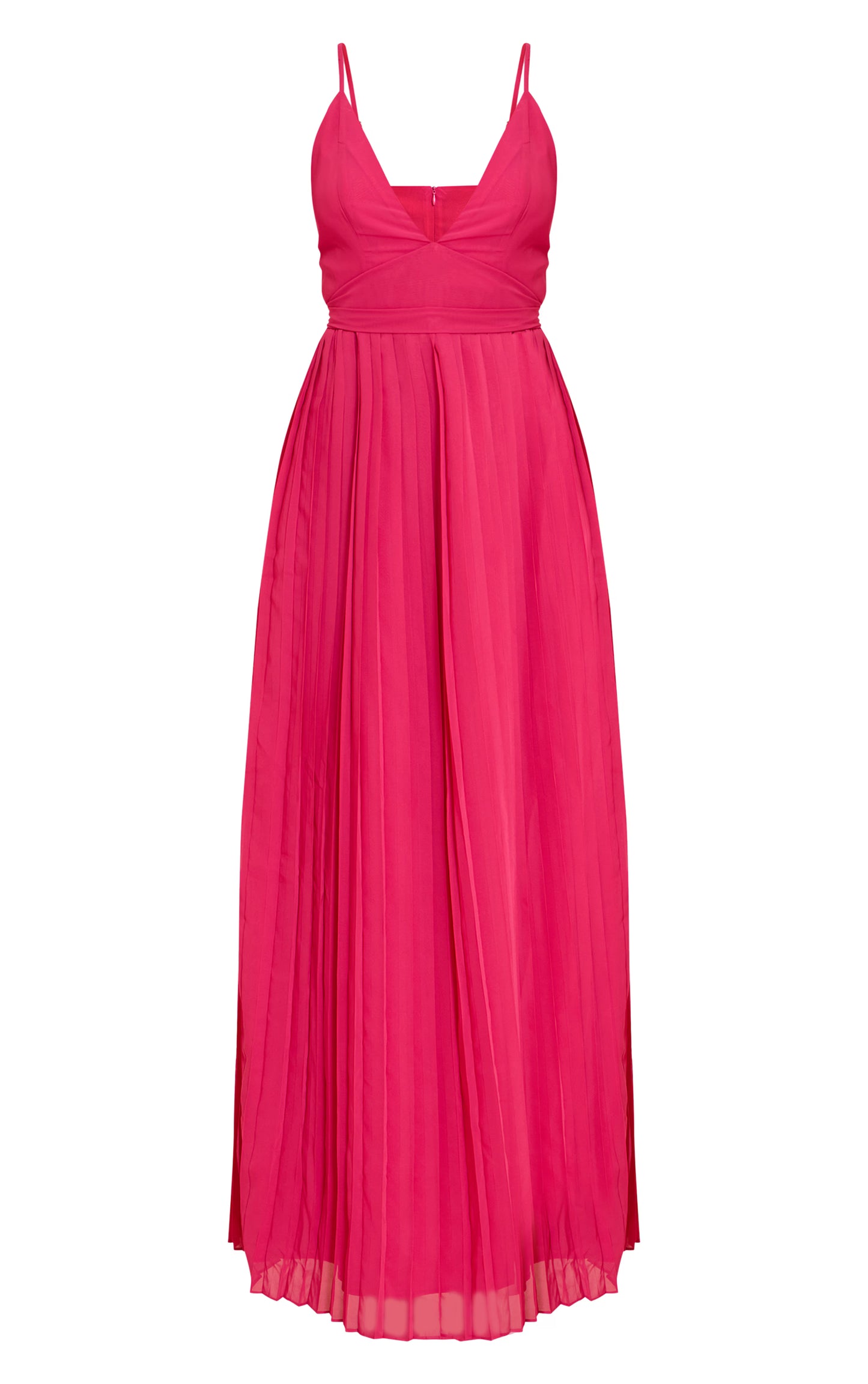 Fuschia Chiffon Strappy Pleated Belt Detail Maxi Dress