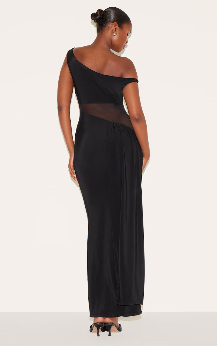 Black Slinky Asymmetric Mesh Cut Out Maxi Dress