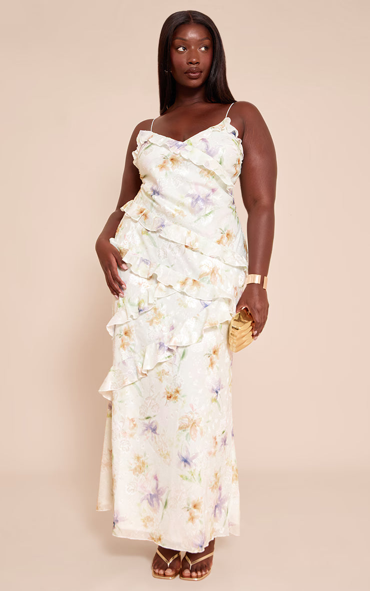 Plus Multi Floral Embroidered Frill Maxi Dress