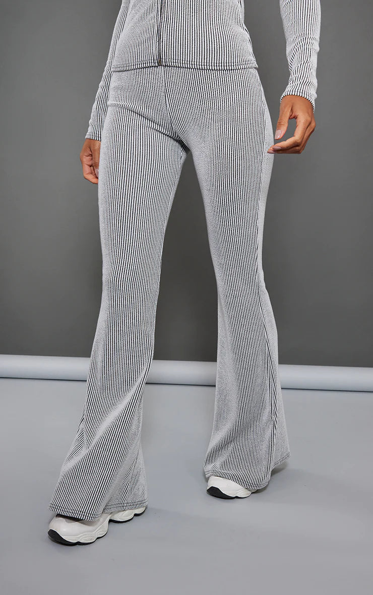 Light Grey Two Tone Rib High Waist Flares