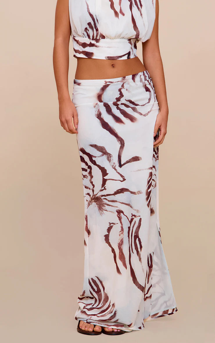 White Shell Print Chiffon Split Maxi Skirt