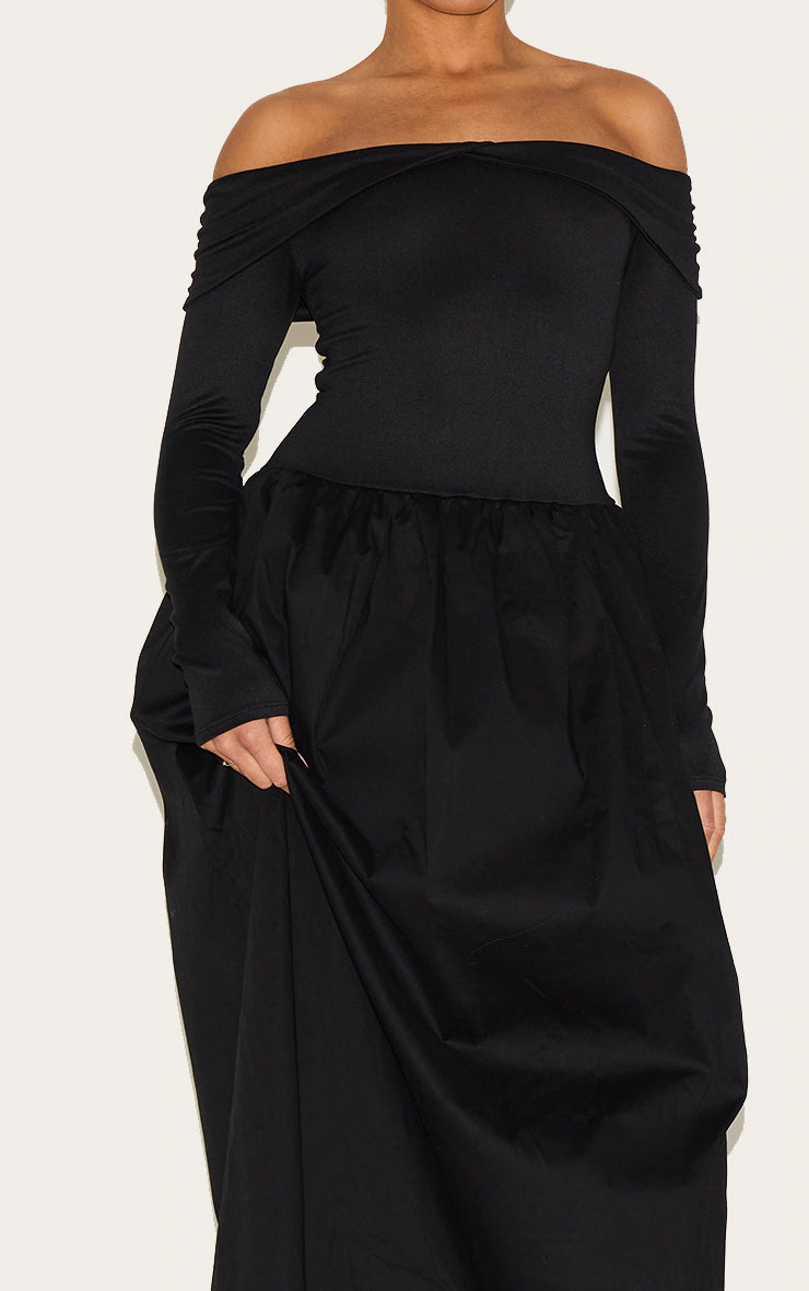 Shape Black Bardot Long Sleeve Maxi Shift Dress