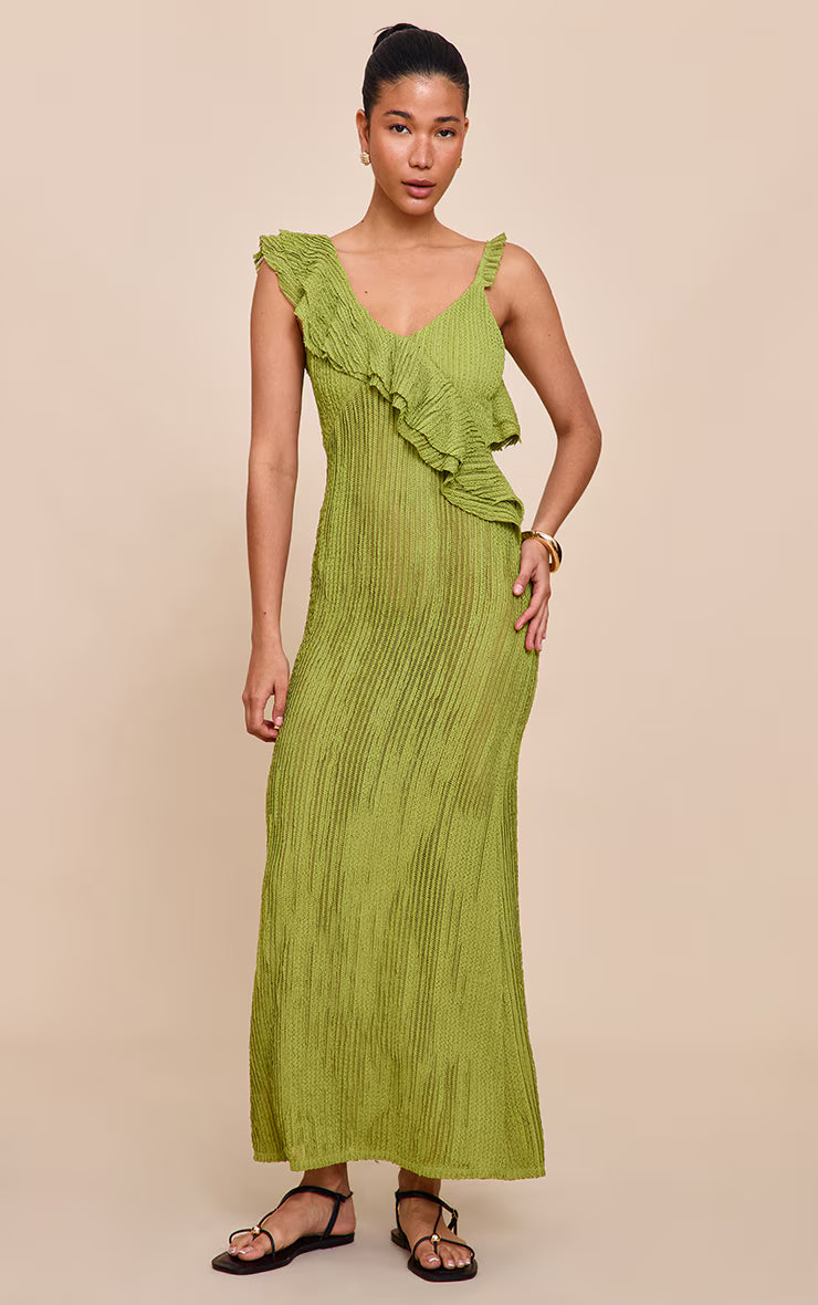 Lime Textured Asymmetric Neck Maxi Dress