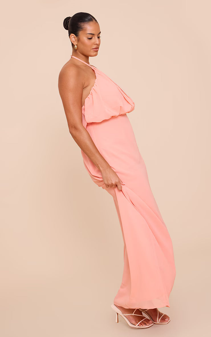 Plus Peach Chiffon Halter Neck Maxi Dress