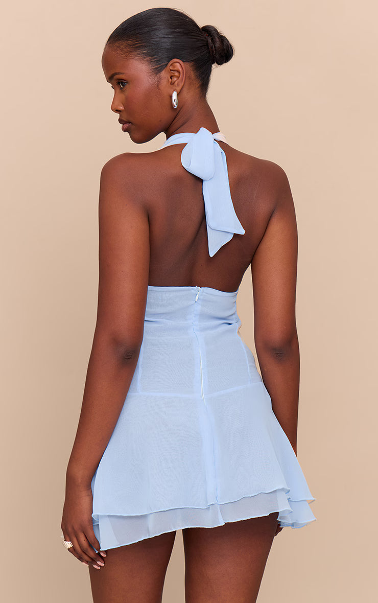 Baby Blue Chiffon Cowl Neck Ruched Mini Dress