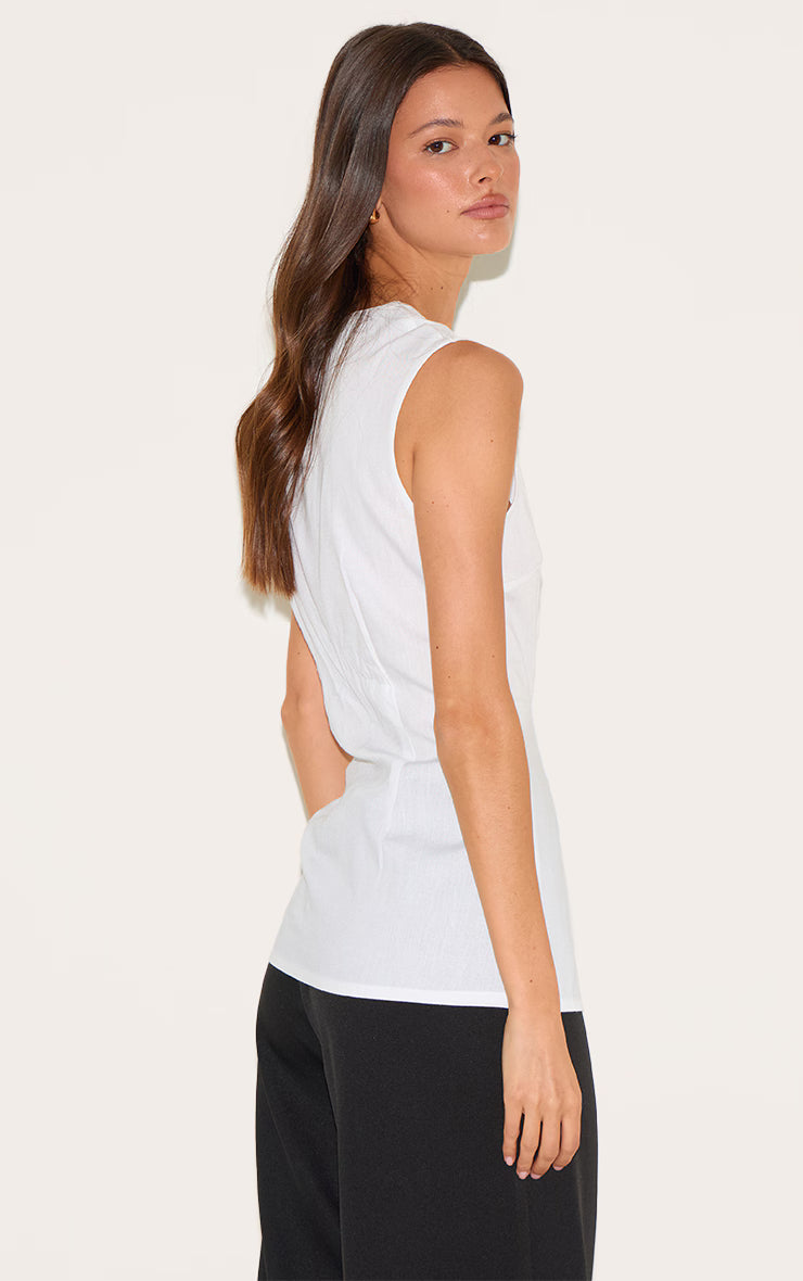 White Linen Blend Button Vest