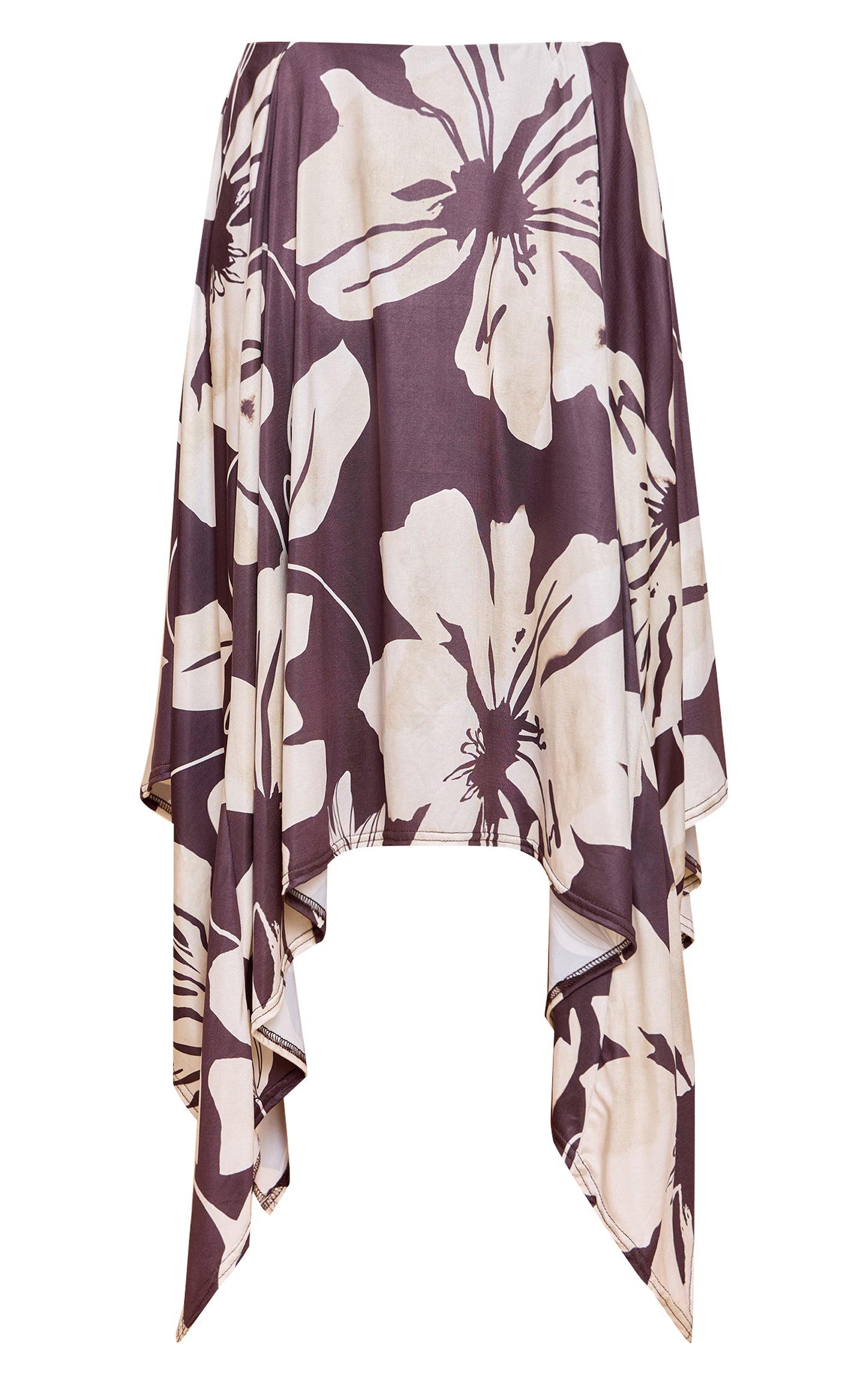Brown Floral Print Slinky Asymmetrical Hem Maxi Skirt