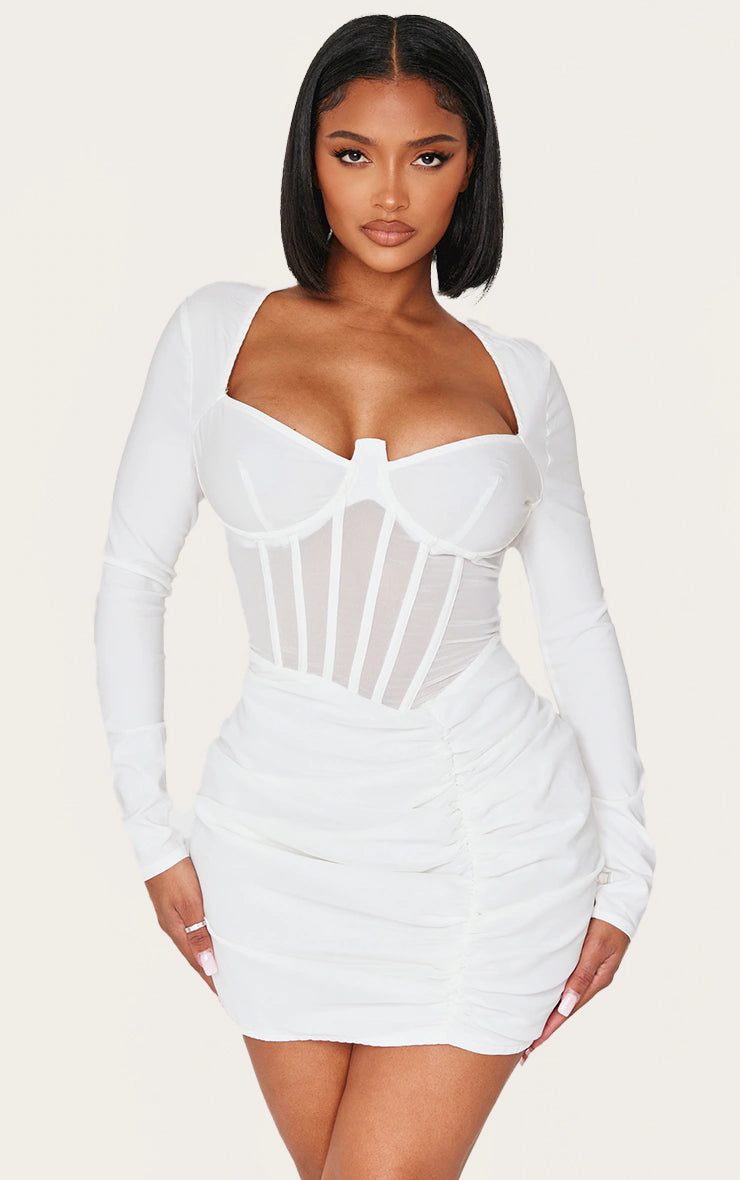 Shape WhiteMesh Insert Corseted Ruched Side Mini Dress