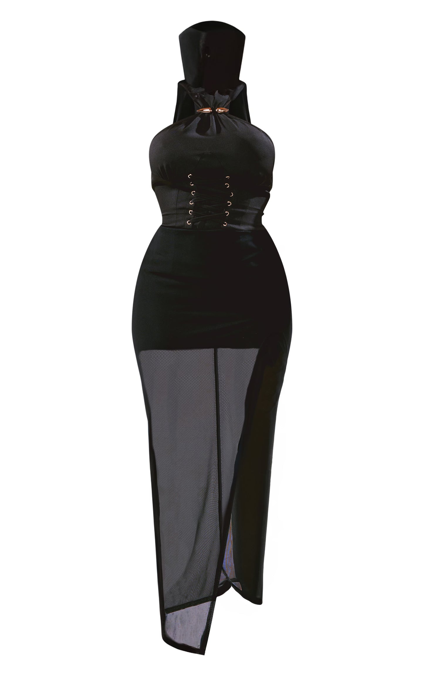 Shape Black Woven High Neck Lace Up Asymmetric Midi Dress