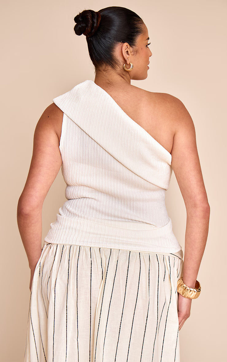 Plus Cream Textured Fold Over One Shoulder Long Top