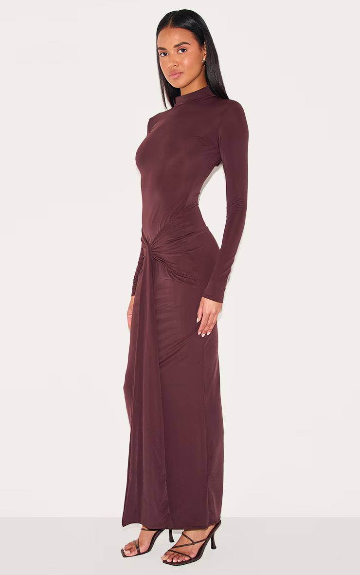 Chocolate Matte Sculpt Wrap Maxi Dress