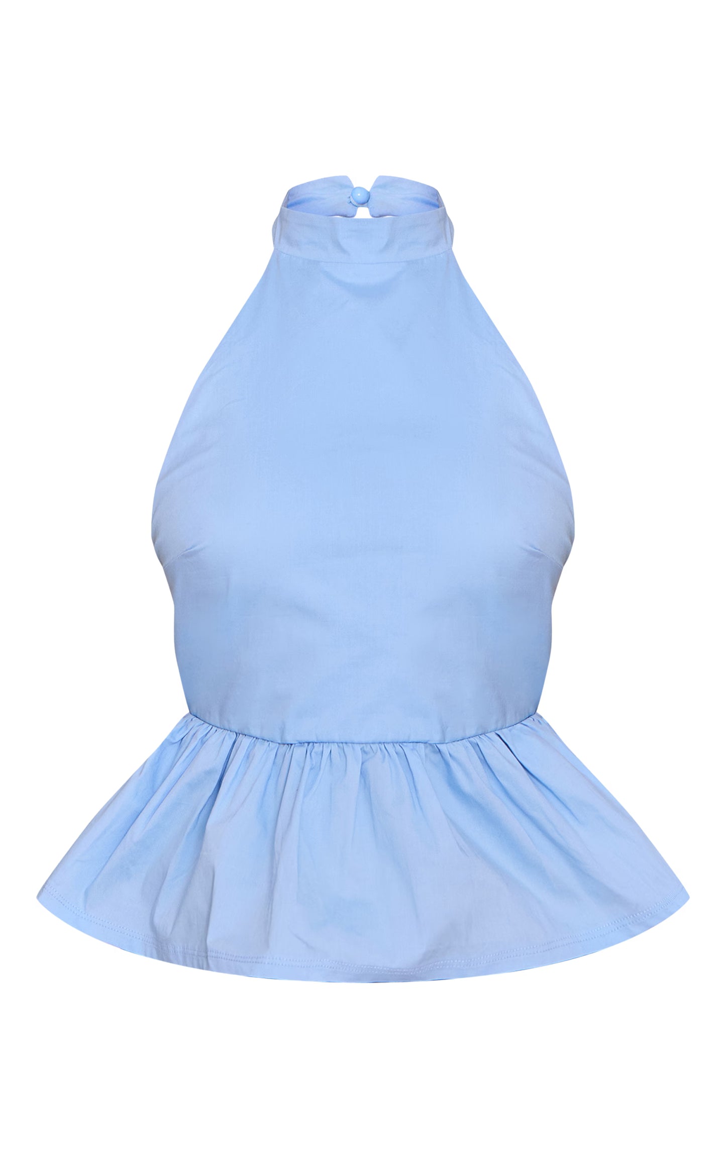 Blue Cotton Highneck Backless Long Top