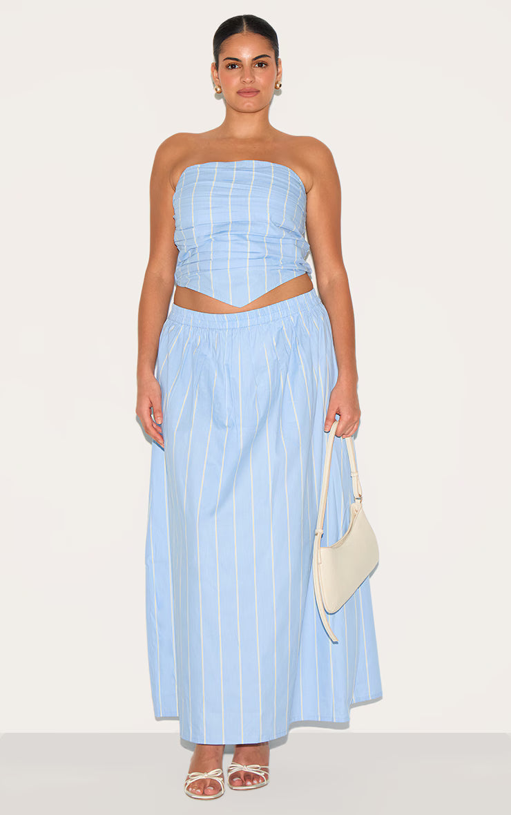 Plus Blue Cotton Poplin Bandeau Ruched Front Top