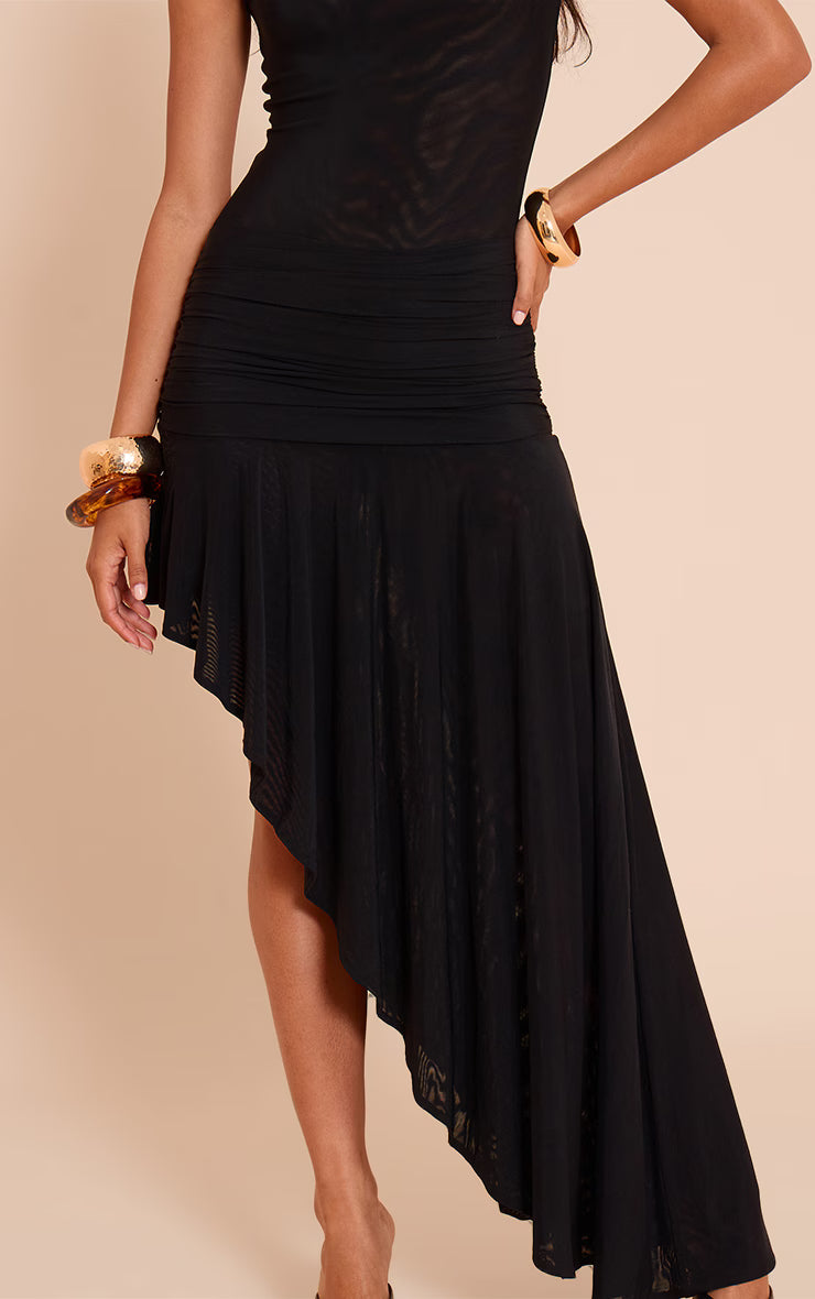 Black Double Mesh Ruched Waist Midi Dress