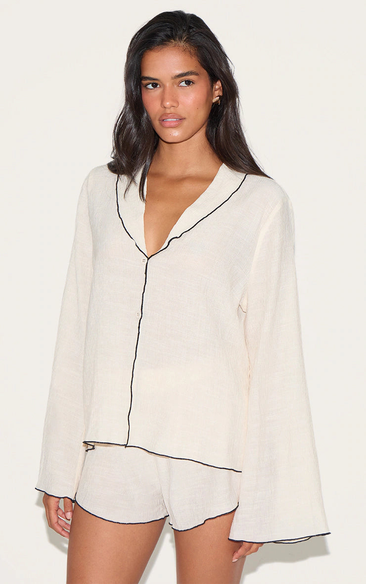 Sand Linen Look Textured Contrast Trim Oversized Shirt