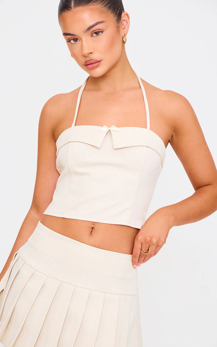 Cream Bow Detail Tie Neck Halterneck Crop Top