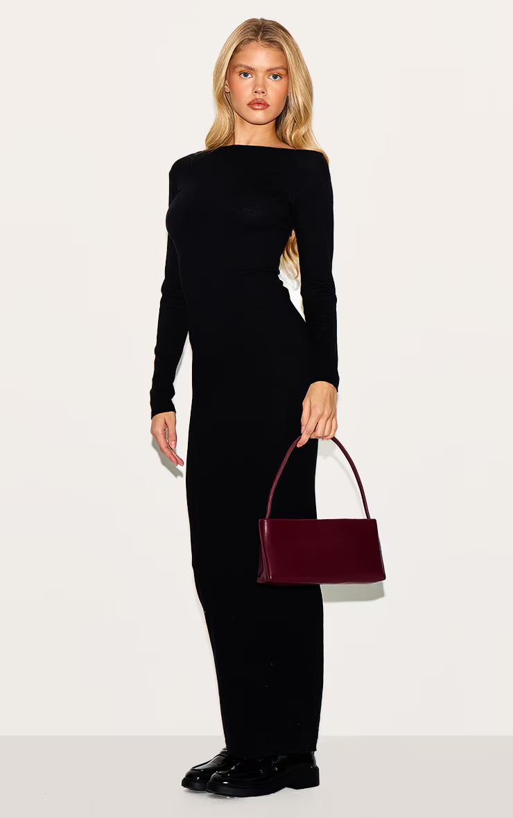 Black Basic Knit Asymmetric Neckline Long Sleeve Maxi Dress