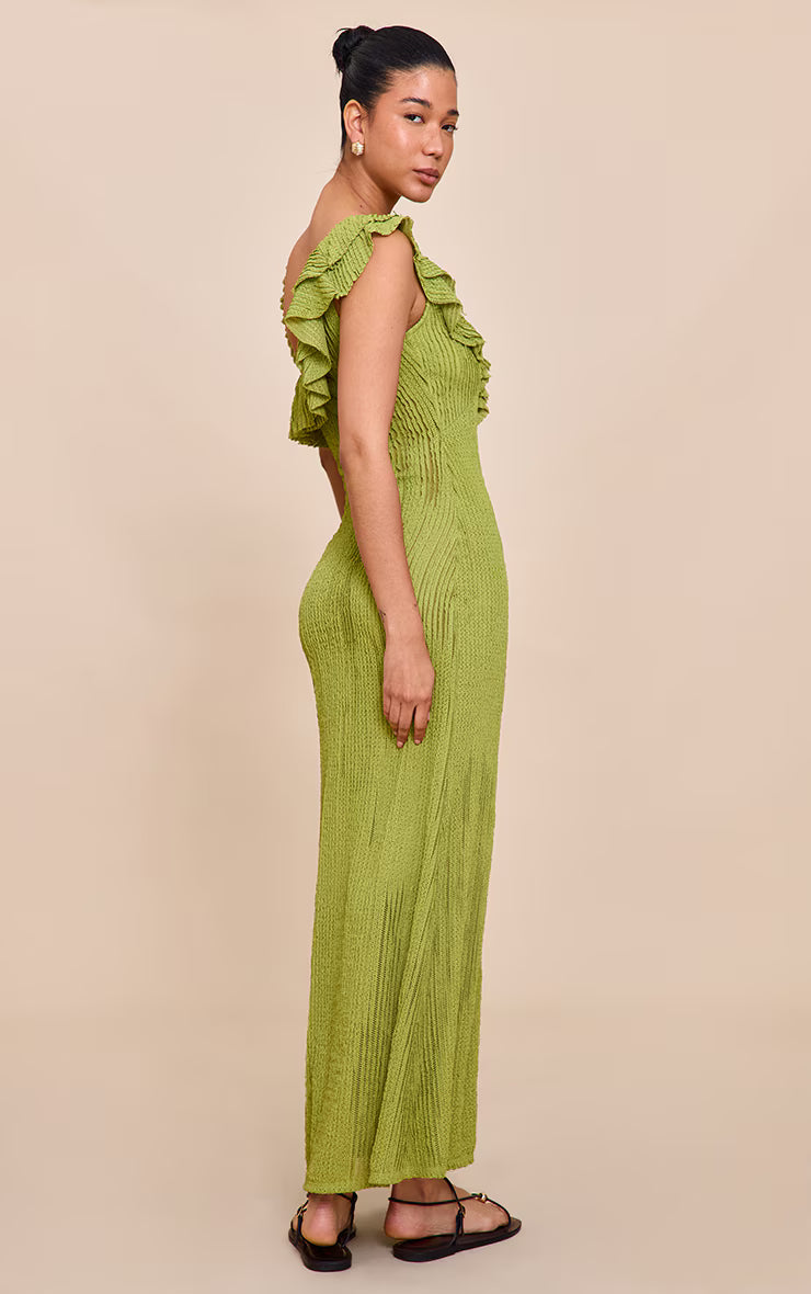 Lime Textured Asymmetric Neck Maxi Dress