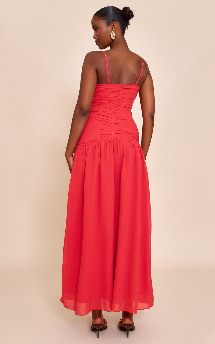 Red Chiffon Ruched Dropped Waist Maxi Dress