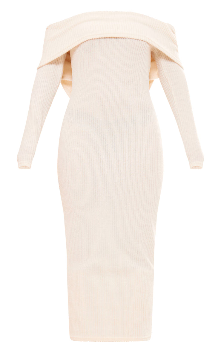 Cream Brush Rib Bow Detail Midi Dress