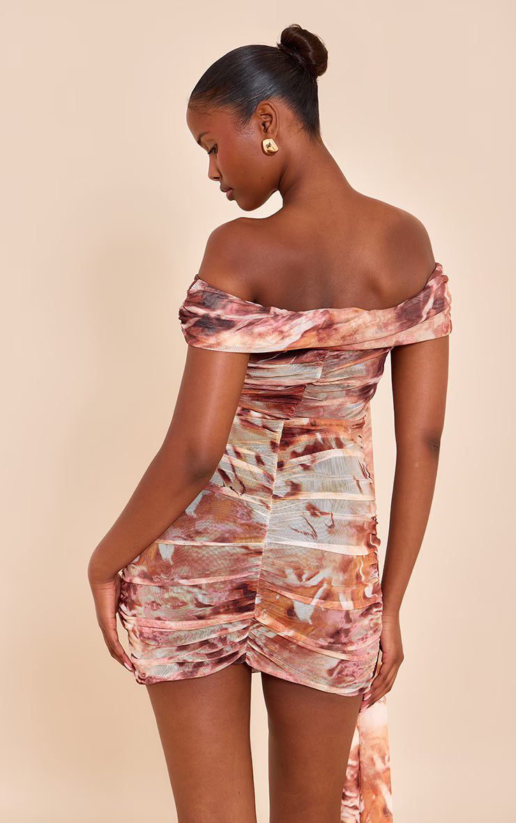 Beige Abstract Print Lined Mesh Bardot Mini Dress