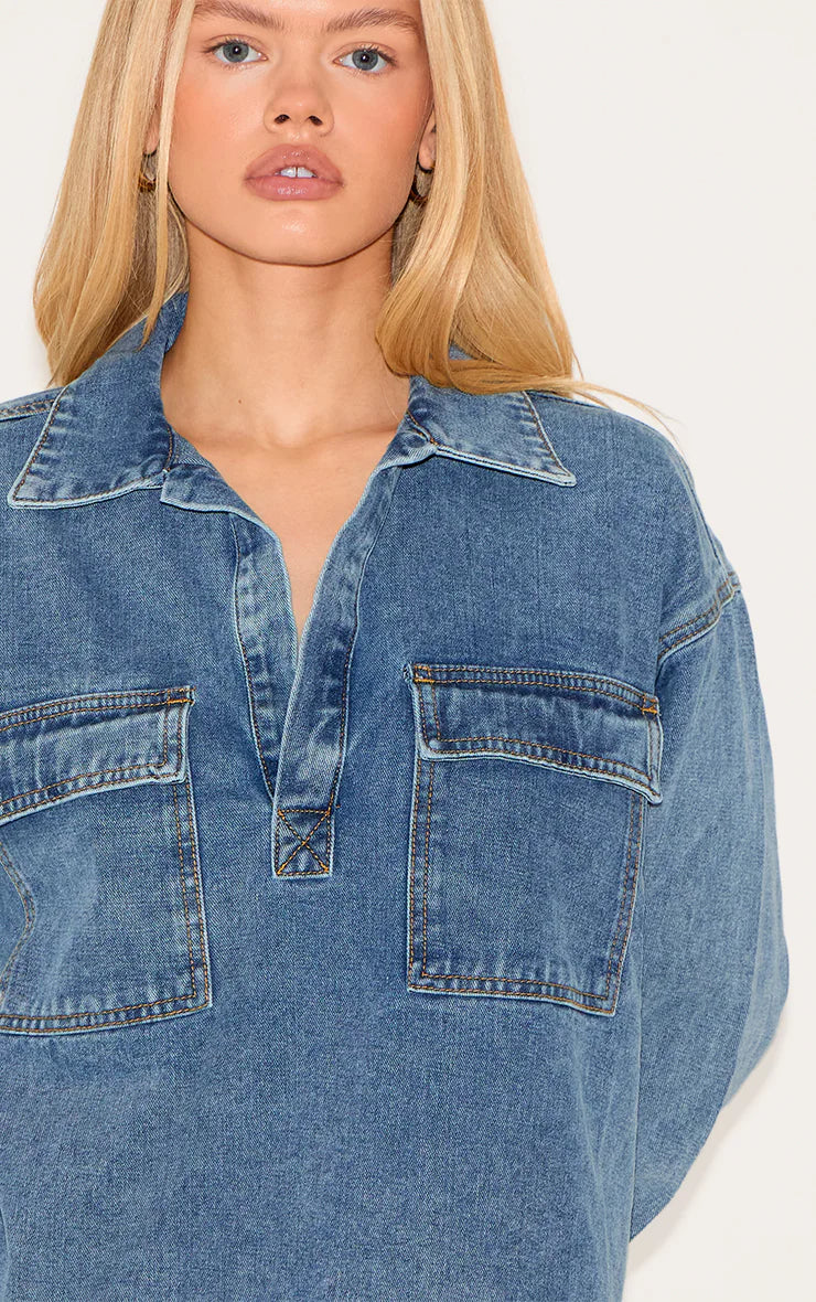 Vintage Blue Long Sleeve Slouchy Denim Rugby Shirt